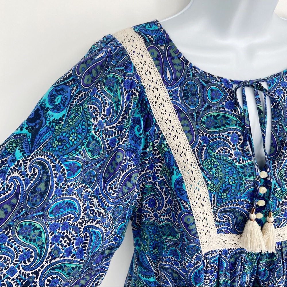 Anthropologie Lissa Boho Crochet Lace Detail Paisley Print Puff Sleeve Romper XS - Picture 6 of 16